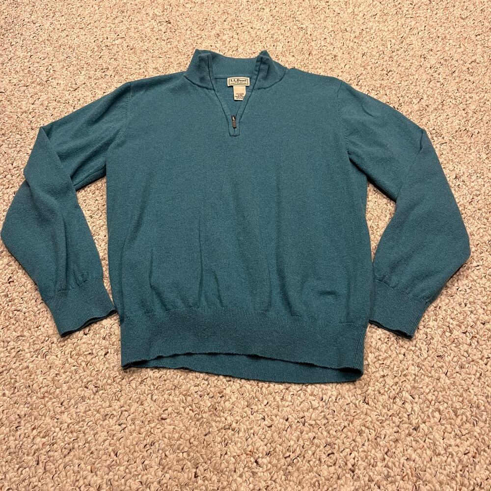 LL Bean Cotton Cashmere 1/4 Zip Sweater M Mens Teal Preppy Quiet Luxury Cozy